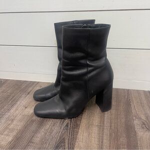 Black Square-Toe Mid-Calf Leather Boots